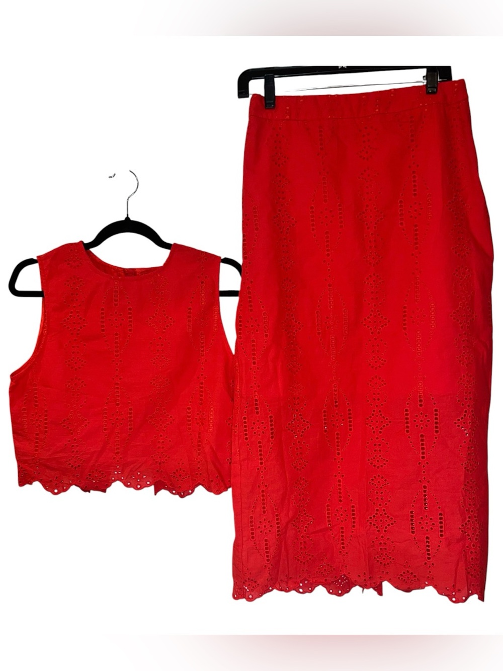 Commense Cotton Eyelet Embroidery Top Midi Skirt Set Red Size M NWT 2 Piece - Picture 4 of 15